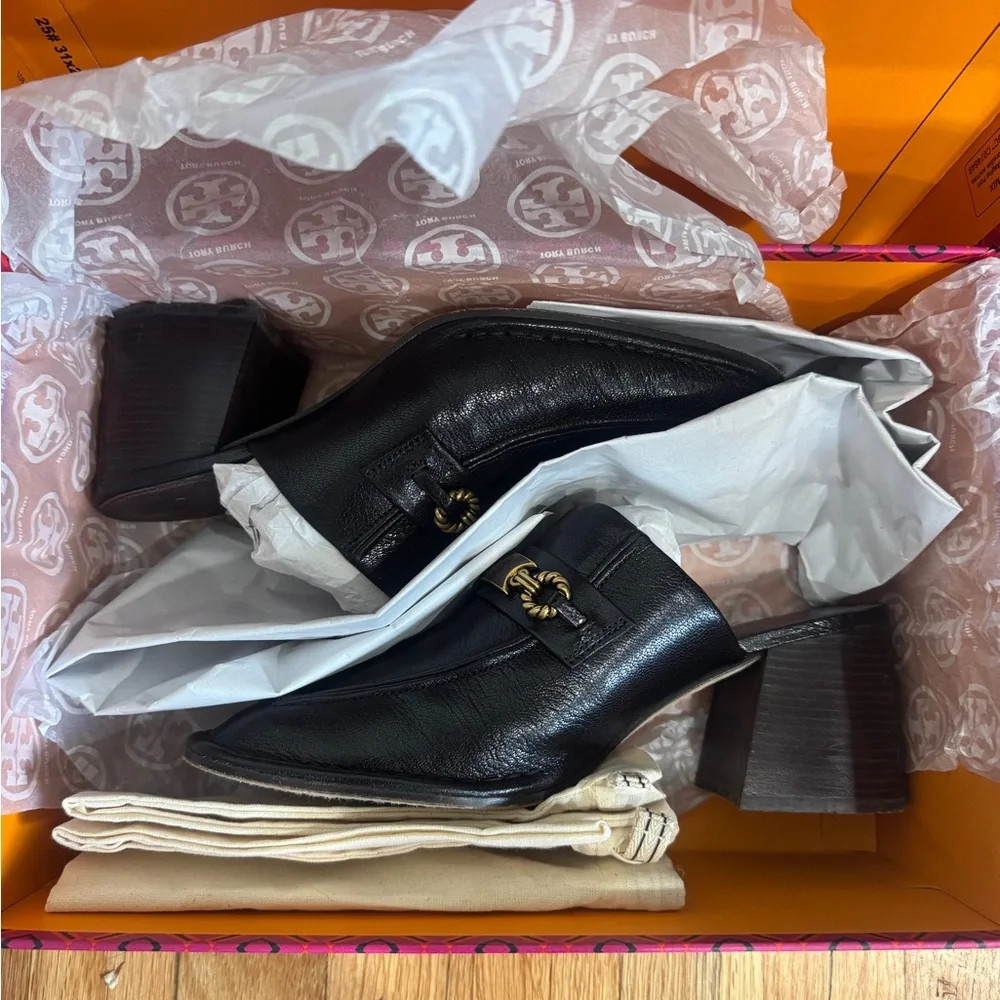 Tory Burch Black Leather Slip-On Mules with Gold-Tone Logo Hardware